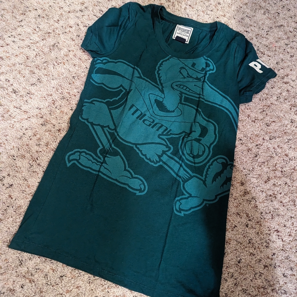 Victorias secret pink University of Miami dk green party like a hurricane Tshirt